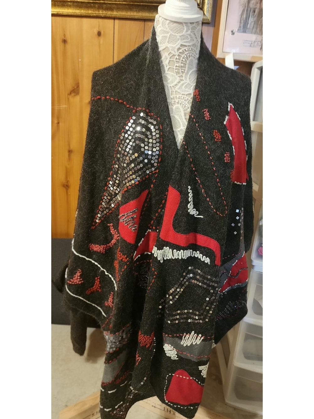 Chico's Charcoal Grey Sequin & Applique Art-To-Wear Knit Wrap Cape